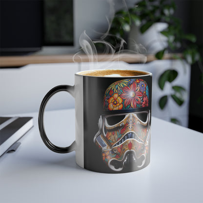 Artistic Stormtrooper Heat Change Mug featuring a colourful floral design, with steam rising from a hot beverage, perfect for coffee and tea enthusiasts.
