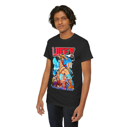 Male model in a luxurious black t-shirt flaunting an eye-catching Luffy design, embodying a stylish casual look that resonates with adventure.
