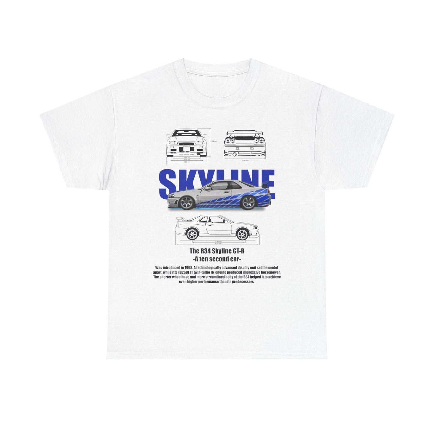 Luxury white men's t-shirt featuring the iconic R34 Skyline GT-R, detailed racing stripes, and automotive sketches, capturing the essence of automotive excellence.