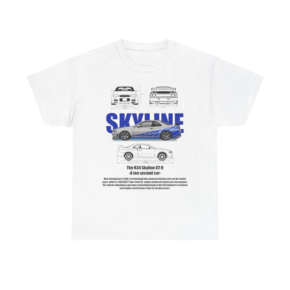 Luxury white men's t-shirt featuring the iconic R34 Skyline GT-R, detailed racing stripes, and automotive sketches, capturing the essence of automotive excellence.