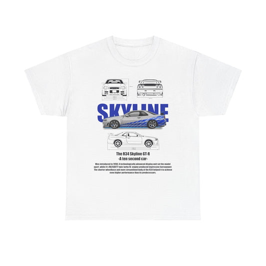 Luxury white men's t-shirt featuring the iconic R34 Skyline GT-R, detailed racing stripes, and automotive sketches, capturing the essence of automotive excellence.