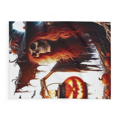 Chic Decorative and Warm Halloween Spooky Arctic Fleece Blanket displaying an enchanting illustration of a witch with vibrant red hair and festive pumpkins, perfect for stylish holiday gatherings.
