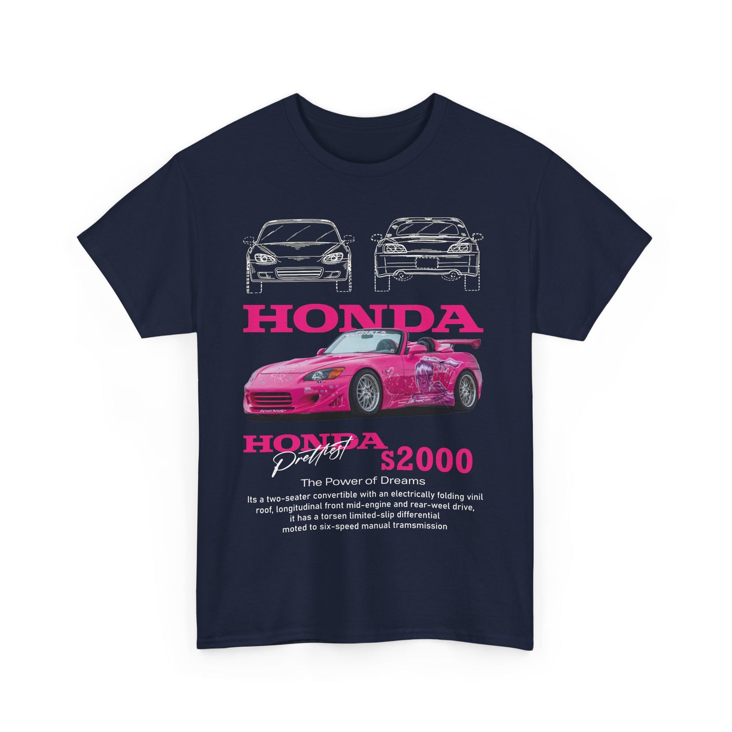 Striking front view of a navy blue men's T-shirt featuring a vibrant pink Honda S2000 graphic with bold text and stylized illustrations, perfect for those who appreciate automotive culture.