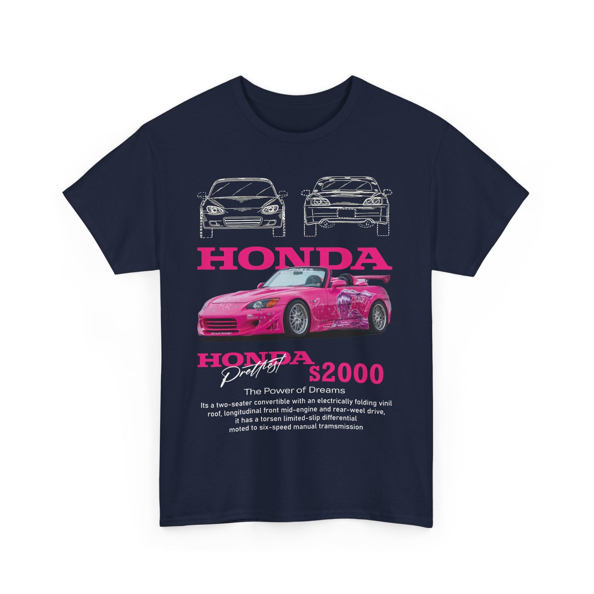 Striking front view of a navy blue men's T-shirt featuring a vibrant pink Honda S2000 graphic with bold text and stylized illustrations, perfect for those who appreciate automotive culture.