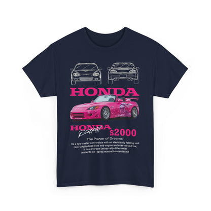Stylish front view of a navy blue men's T-shirt with vibrant Honda S2000 graphics, featuring a pink convertible illustration and bold branding.