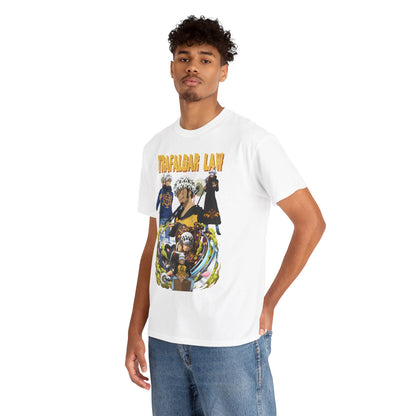 Luxury white mens T-shirt featuring a vibrant graphic of Trafalgar Law from One Piece, showcasing eye-catching artwork with colorful designs.