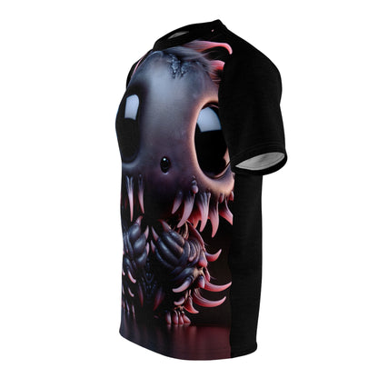 Model wearing the Frightmare Doodlestein T-Shirt featuring vibrant, artistic space creature graphics by Dazzling Dreams Studio, exemplifying luxury in horror fashion.