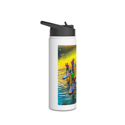 Artistic view of the Fantasy Paddleboarding Stainless Steel Water Bottle displaying eye-catching paddleboarding graphics, perfect for hydration during outdoor adventures.