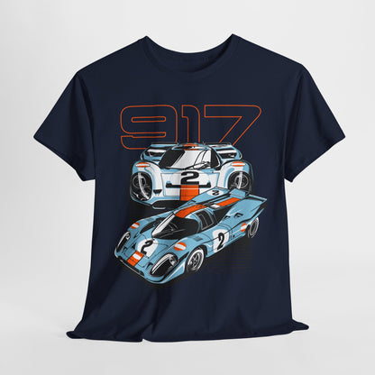 Elegant navy blue t-shirt displaying an illustration of Porsche 917 race cars, evocative of classic racing heritage and premium style.
