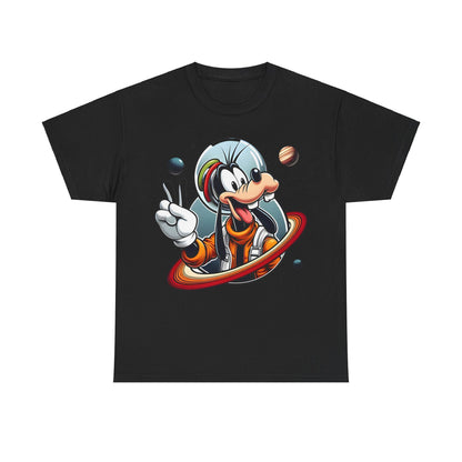 Blast Off with Goofy Astronaut Graphic Unisex Tee Shirt in black, featuring a whimsical illustration of Goofy in a bright orange spacesuit with planets and stars, perfect for a luxurious casual statement.