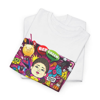Stylish folded white tee featuring a Squid Game graphic design with vibrant colours and engaging game elements, an exquisite choice for those seeking a stylish statement.