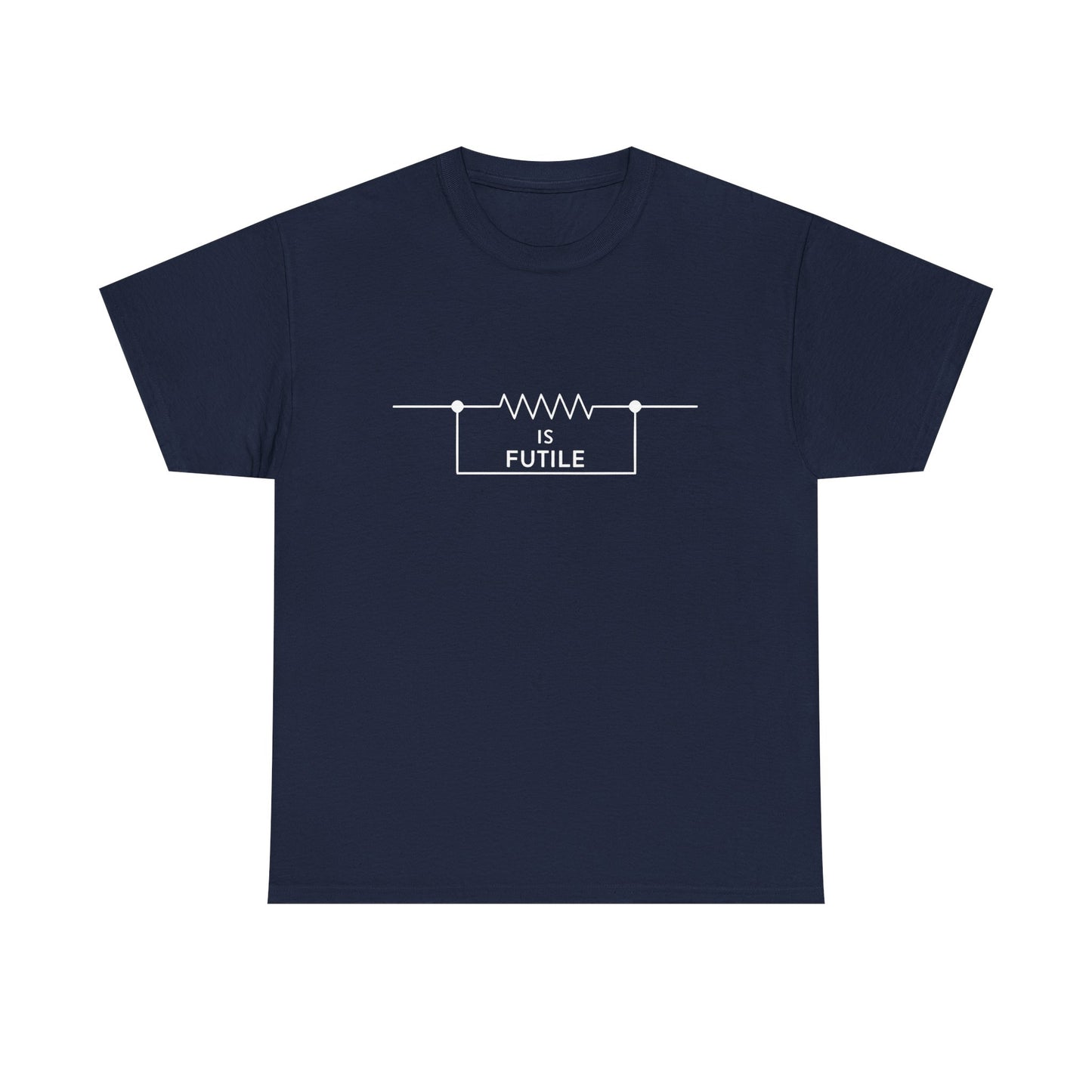Elegant navy blue unisex t-shirt adorned with a chic graphic of a resistor symbol and the statement 'IS FUTILE' in white, paying homage to the iconic Borg style from Star Trek.