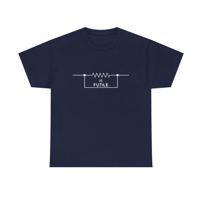 Elegant navy blue unisex t-shirt adorned with a chic graphic of a resistor symbol and the statement 'IS FUTILE' in white, paying homage to the iconic Borg style from Star Trek.