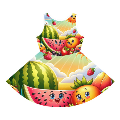 Charming close-up of the Evelyn Charmeuse Girls Summer Sundress by Dazzling Dreams Studio, showcasing its luxurious charmeuse fabric and whimsical fruit design.