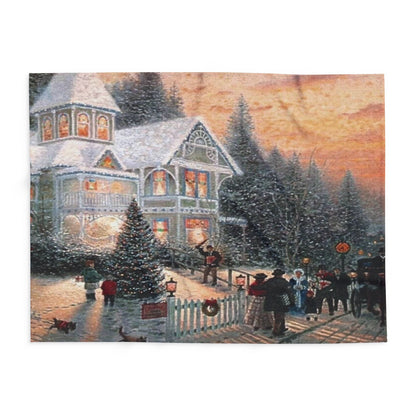 Artistic close-up of Decorative and Warm Christmas Arctic Fleece Blanket featuring a picturesque holiday scene, perfect for adding a touch of elegance to your home.