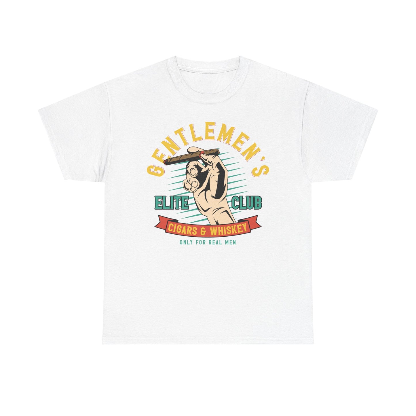 Elite Club Men's T-Shirt in white featuring a vintage graphic design with a hand holding a cigar, stylishly displaying the text 'GENTLEMEN'S ELITE CLUB CIGARS & WHISKEY ONLY FOR REAL MEN' on a chic backdrop.
