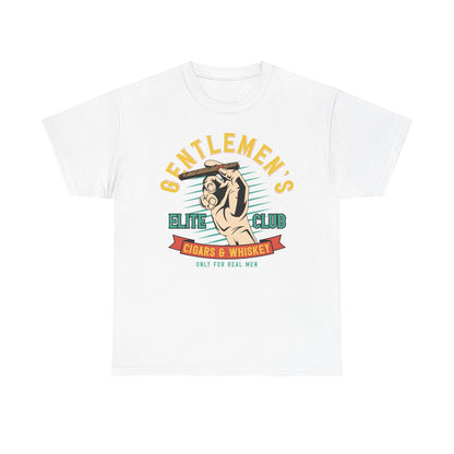Elite Club Men's T-Shirt in white featuring a vintage graphic design with a hand holding a cigar, stylishly displaying the text 'GENTLEMEN'S ELITE CLUB CIGARS & WHISKEY ONLY FOR REAL MEN' on a chic backdrop.