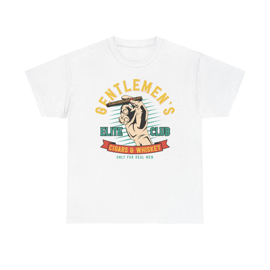 Elite Club Men's T-Shirt in white featuring a vintage graphic design with a hand holding a cigar, stylishly displaying the text 'GENTLEMEN'S ELITE CLUB CIGARS & WHISKEY ONLY FOR REAL MEN' on a chic backdrop.