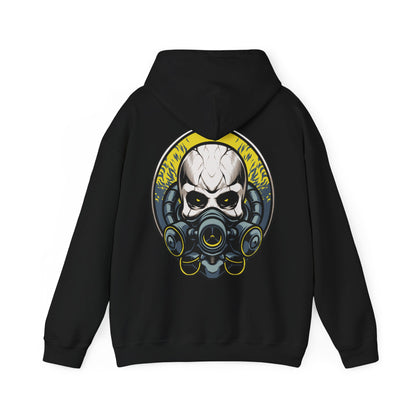 Striking steampunk skull motif in a gas mask, prominently displayed on the back of a high-quality black hoodie, merging style with sophistication.