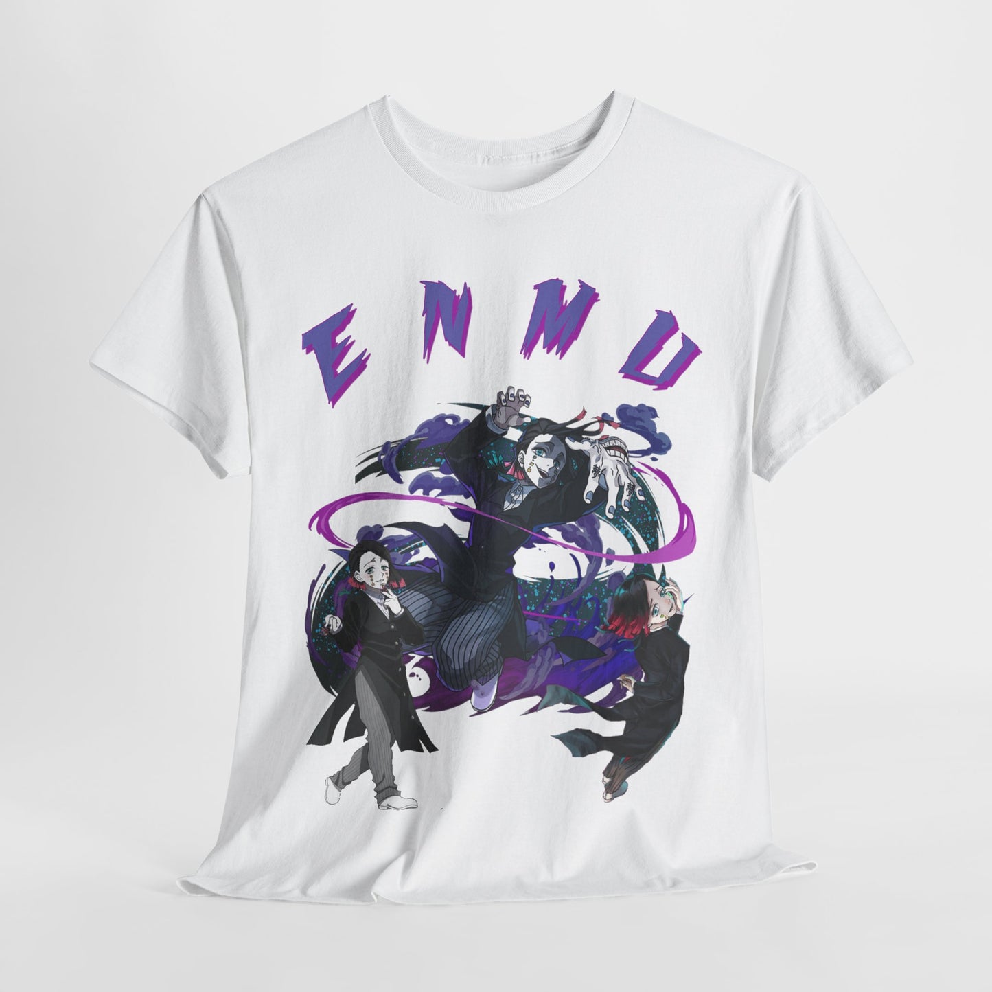Premium Enmu-inspired graphic T-shirt featuring dynamic anime artwork in vivid colors. Ideal for fashion-forward anime enthusiasts, combining comfort and style.