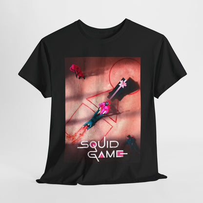 Stylish Squid Game Unisex T-Shirt displayed elegantly, featuring a vibrant graphic design showcasing iconic elements from the series, perfect for urban fashion.