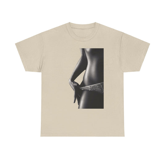 Sophisticated beige cotton graphic t-shirt for men and women, showcasing a striking black and white image of a woman's torso, embracing playful fashion and unique style.