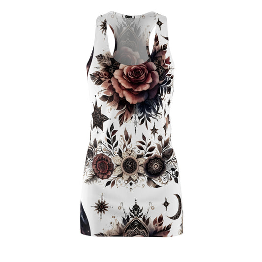 Elegant back view of the Women's Chic Designer Racerback Dress showcasing intricate floral designs, ideal for a versatile and luxurious summer ensemble.