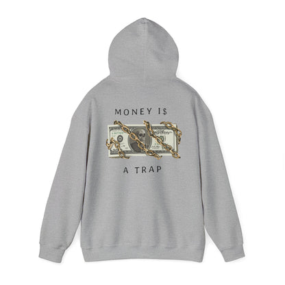 Chic grey hoodie showcasing a striking back graphic with chains entwined around dollar bills, highlighting the phrase 'Money is a Trap'.