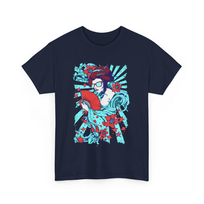 Luxurious Graphic Geisha Men's T-Shirt featuring vibrant pop art design with a stunning geisha illustration, adorned with rich maroon tones and eye-catching turquoise accents, complemented by intricate flower motifs, perfect for stylish and artistic expression.