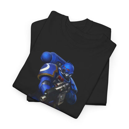 Luxurious black graphic t-shirt featuring a detailed art design of a blue-armoured soldier, merging style and creativity for discerning fashion lovers.