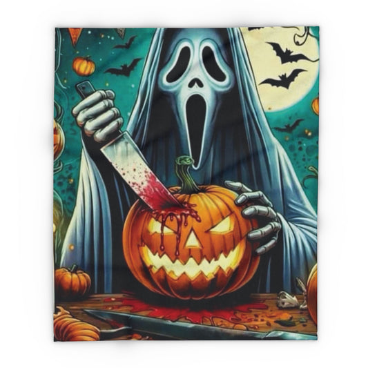 Elegant Decorative and Warm Halloween Spooky Scream Arctic Fleece Blanket showcasing a chilling scene of a haunted figure preparing a jack-o'-lantern, ideal for seasonal comfort.