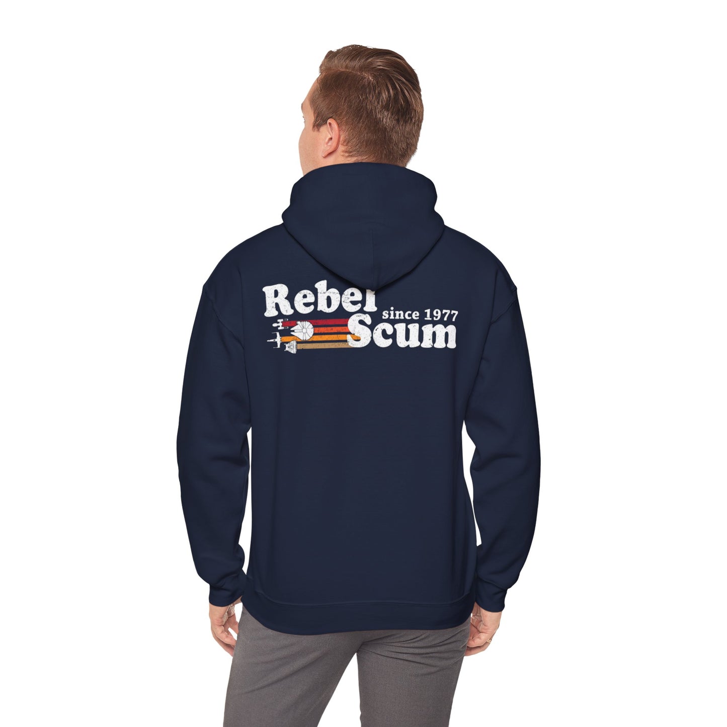 A luxurious navy hoodie featuring a retro graphic design that reads 'Rebel Scum since 1977', adorned with iconic spacecraft imagery. Perfect for stylish comfort, this timeless piece is ideal for those who appreciate vintage aesthetics and bold statements.