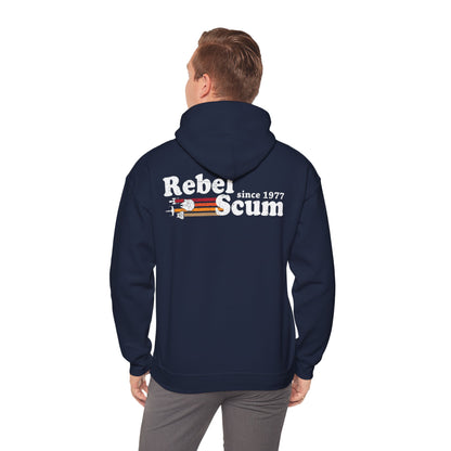 A luxurious navy hoodie featuring a retro graphic design that reads 'Rebel Scum since 1977', adorned with iconic spacecraft imagery. Perfect for stylish comfort, this timeless piece is ideal for those who appreciate vintage aesthetics and bold statements.
