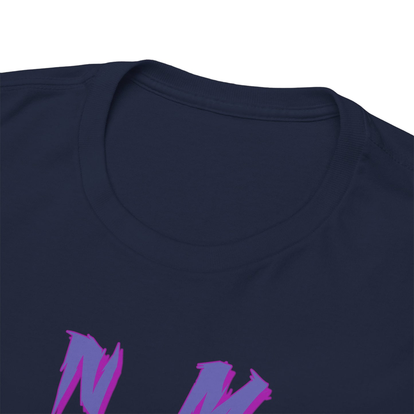 Close-up of the premium round neckline of the Enmu-inspired graphic t-shirt, showcasing its high-quality stitching and rich navy colour.