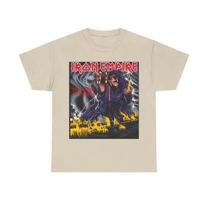 Iron Empire Graphic Tee featuring Darth Sidious design, an elegant unisex t-shirt crafted from sustainable cotton, showcasing bold artwork with dark purple robes, flames, and lightning.