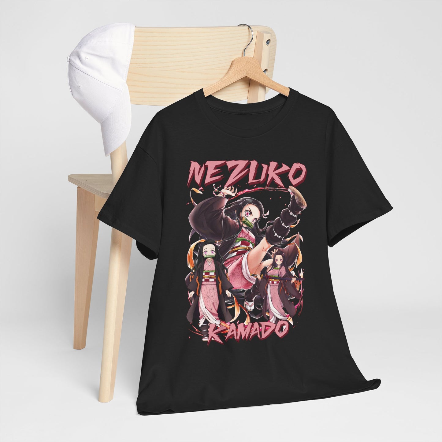 Stylish Nezuko Kamado T-shirt hanging from a wooden chair, showcasing striking anime art in vibrant colors, perfect for fashion-forward anime enthusiasts.