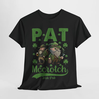 Funny St. Patrick’s Day T-Shirt featuring the design 'PAT McCrotch Irish Pub' with two whimsical leprechauns surrounded by shamrocks, perfect for celebrating Irish heritage.