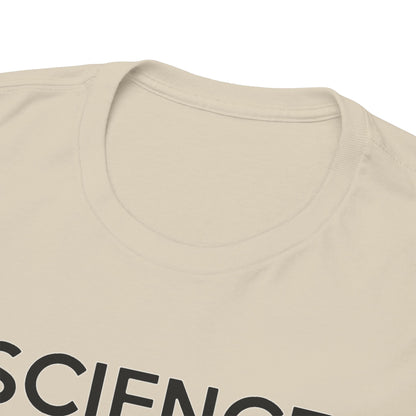 Close-up view of a luxurious beige men's t-shirt, showcasing a soft neckline and bold 'SCIENCE' print in sophisticated black, ideal for casual elegance.