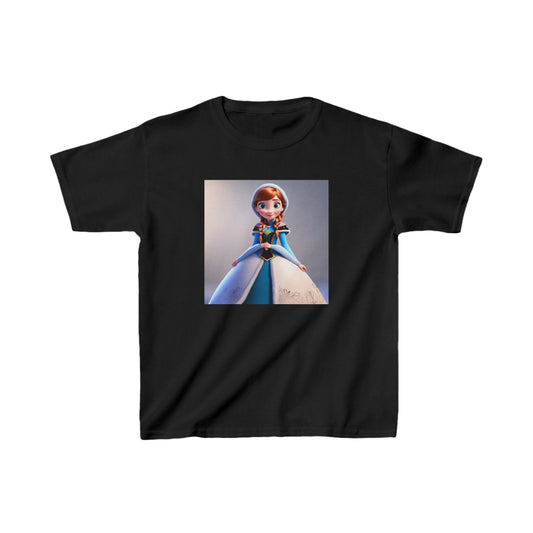 Kids Frozen Anna Heavy Cotton T-Shirt in black showcasing the beloved character Anna from Frozen. This stylish t-shirt offers superior comfort, ideal for young princesses.