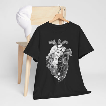 Elegant black graphic T-shirt displayed on a minimalist hanger, adorned with a detailed floral heart design, perfect for sophisticated street fashion.