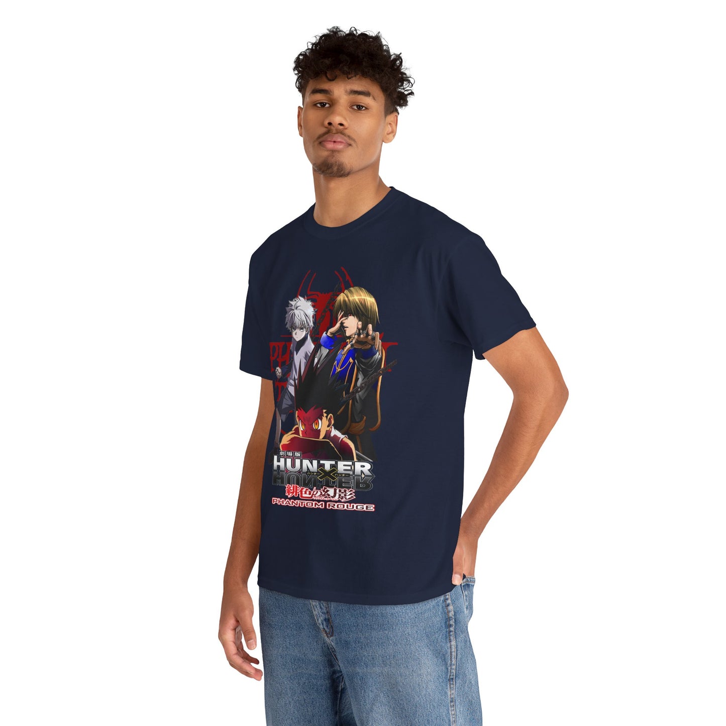 Model wearing an exquisite navy T-shirt adorned with striking Hunter x Hunter graphics, exemplifying a blend of comfort and bold style for discerning anime enthusiasts.