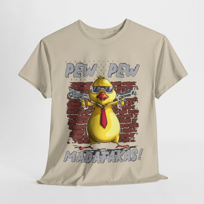 Exquisite t-shirt elegantly laid out, featuring a unique gangster chicken graphic design, combining humour and urban art aesthetics, ideal for those who appreciate comfortable luxury.