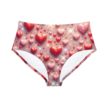 Glittering Hearts High-Waist Hipster Bikini Bottom by Dazzling Dreams Studio featuring a chic high-waist design and vibrant glittering hearts pattern, perfect for luxurious summer beach wear.