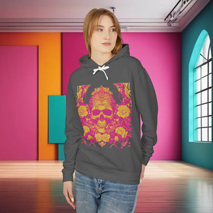 Model wearing a Unisex Lightweight Hooded Sweatshirt with a striking skull and roses design, set against a vibrant interior backdrop, highlighting street style elegance.