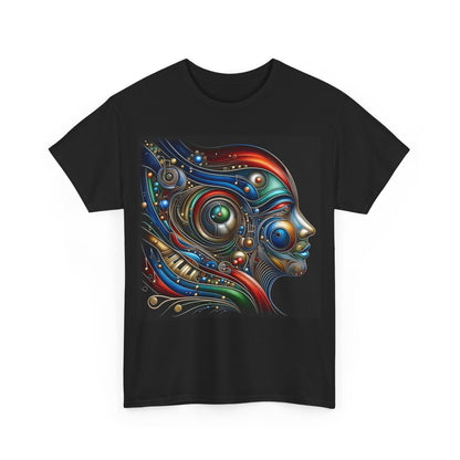Stained Glass Dreams Unisex T-Shirt in black, displaying a stunning abstract design of a human face, rich in colour and artistic details, perfect for art enthusiasts.