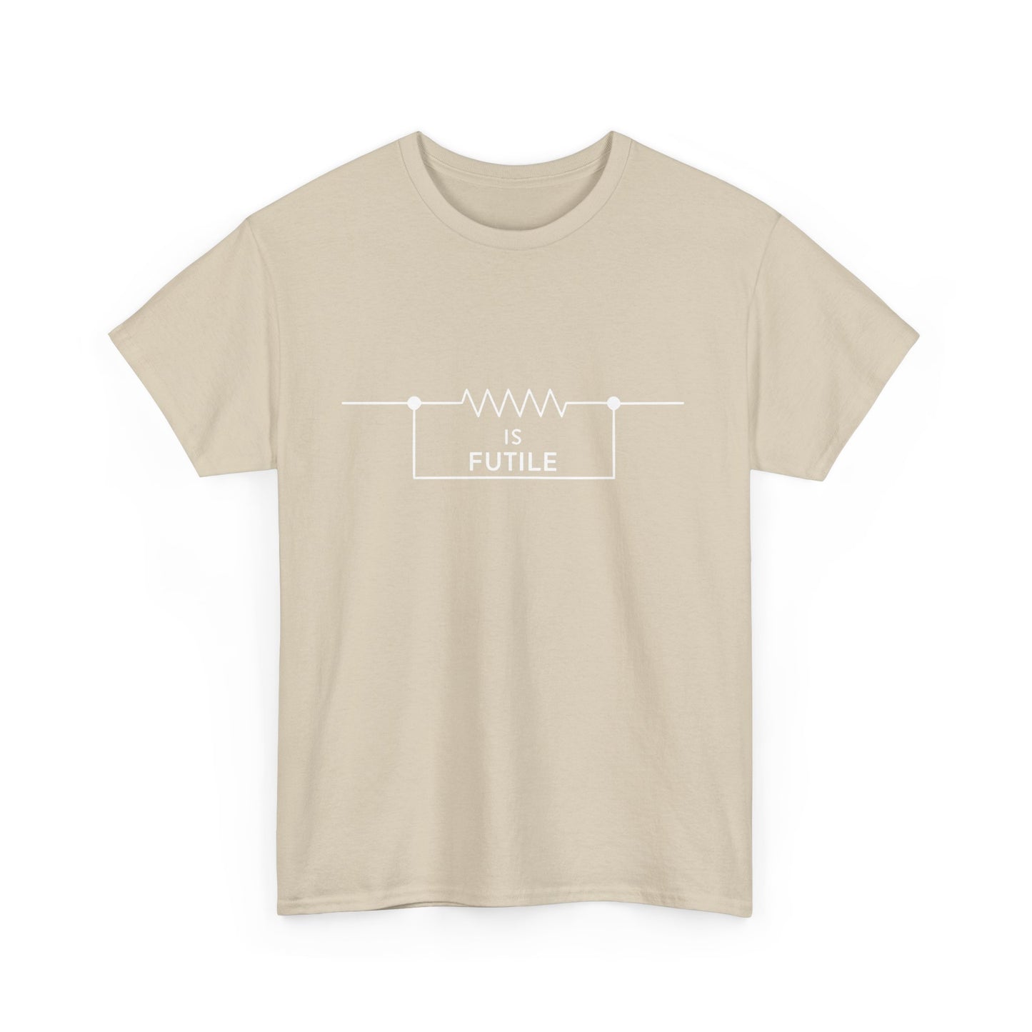Luxury beige unisex graphic tee shirt showcasing a bold design with the phrase 'IS FUTILE' and an elegant resistor symbol, enhancing sophistication.