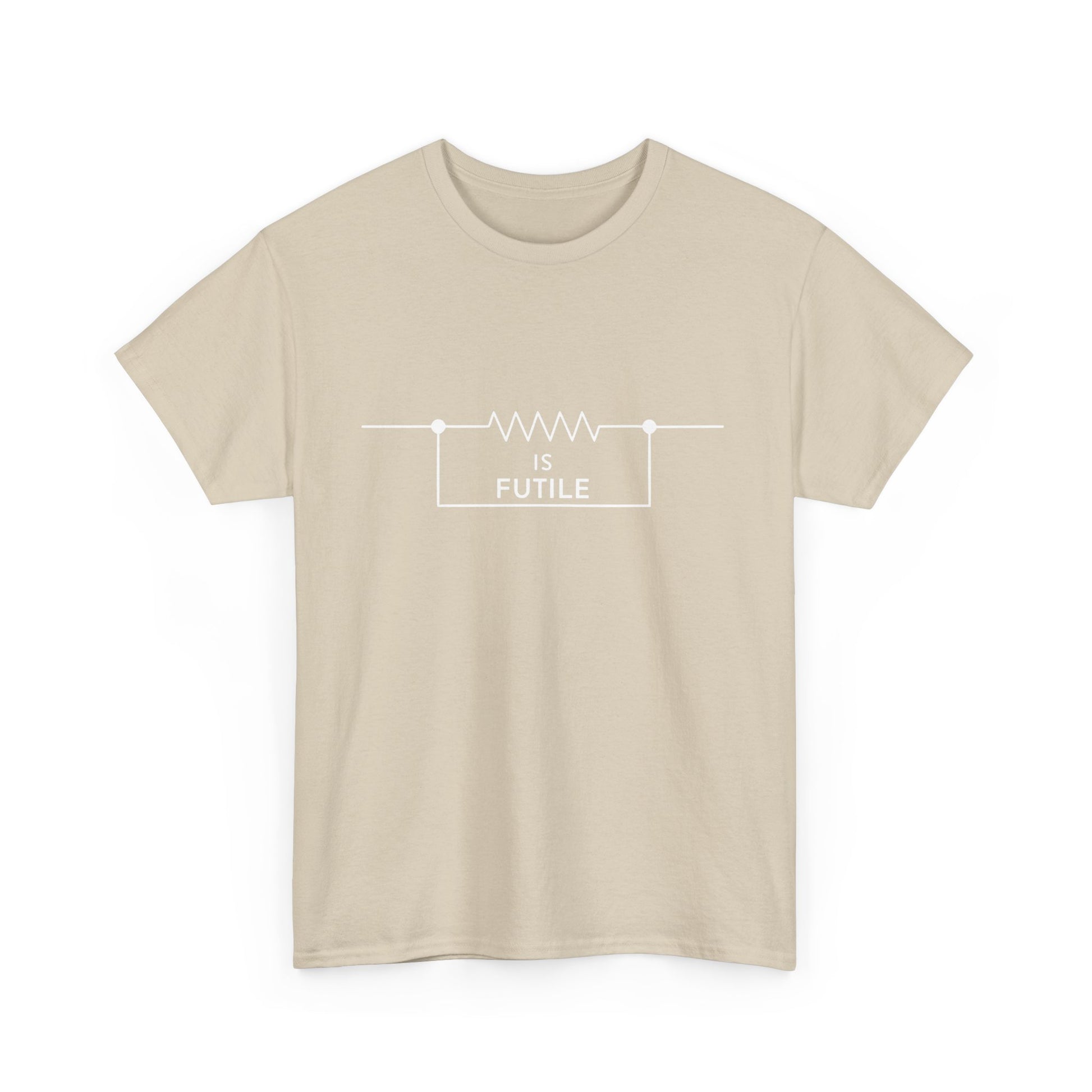 Luxury beige unisex graphic tee shirt showcasing a bold design with the phrase 'IS FUTILE' and an elegant resistor symbol, enhancing sophistication.