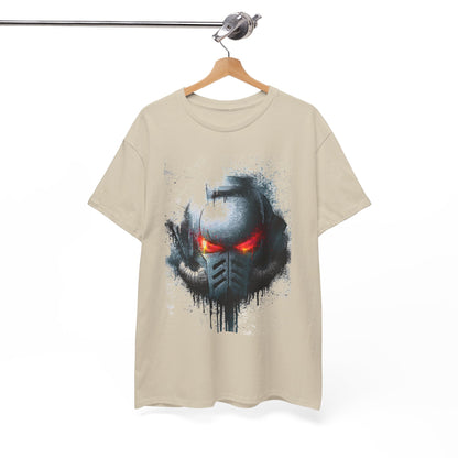 Stylishly displayed graphic t-shirt on a wooden hanger, featuring an eye-catching helmet print that combines futuristic elements with luxury aesthetics.