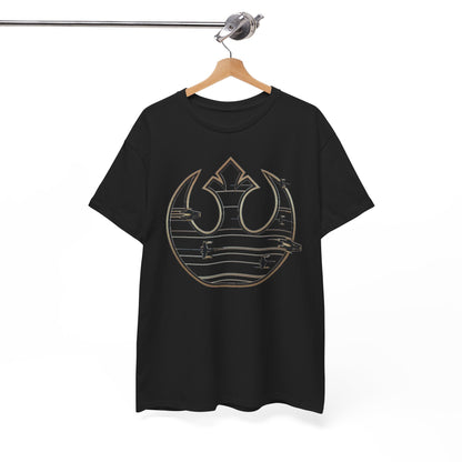 High-quality black T-shirt elegantly displayed on a wooden hanger, featuring a striking Rebel Alliance design, perfect for fashion-forward individuals.
