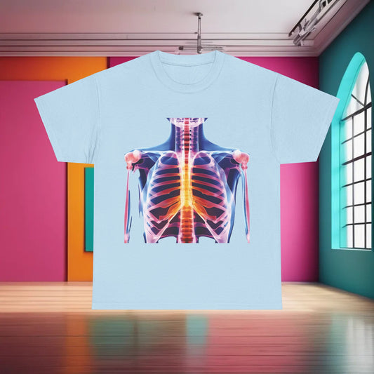 Xray Graphic T-Shirt featured on a hanger in a serene urban interior, highlighting its unique graphic design, ideal for stylish casual wear.